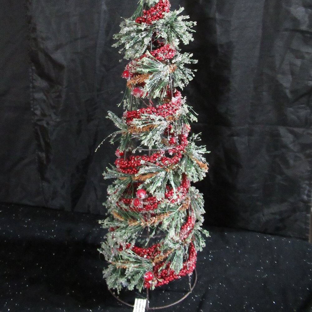Frosted Christmas Pine and Holly Berry Beaded Snow Tree Table Decor